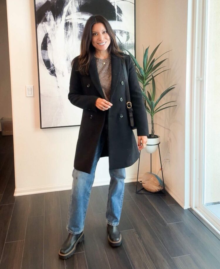 Adaline wears a wool coat and jeans | 40plusstyle.com